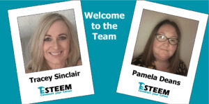 Welcome to the team Tracey and Pamela. on a teal background displays 2 polaroid pictures, the one on the left is a headshot of Tracey Sinclair with her name written under her picture as well as the Esteem logo under her name. The one on the right is a headshot of Pamela Deans with her name written under her picture and the Esteem logo below that