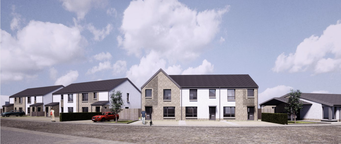 The image shows three contemporary two-storey homes and one bungalow at East Ayrshire Council's Bellevue Gardens development in Kilmarnock as completed by CCG (Scotland).