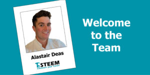Welcome to the team Alastair. 1 polaroid picture on the left with Alastair Deas, on the right it says Welcome to Esteem