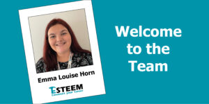 Welcome to the team Alastair. One polaroid picture on the left with Emma Louise Horn, on the right it says Welcome to Esteem